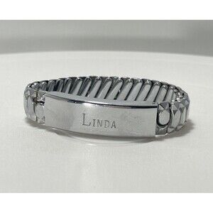 Vintage Linda Engraved Stretch ID Bracelet Silver Tone Adjustable